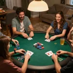 Live poker game with friends showcasing ผลการแข่งขันฟุตบอล excitement and social camaraderie during gameplay.