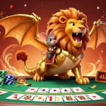 Engage with Go88 in a vibrant casino scene showcasing a roaring chimera creature and poker elements amidst dynamic celebrations.
