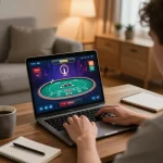 Player enjoying live dealer games on RR88 while managing strategy notes in a cozy home setting.