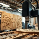 Aktive cnc fräsen Maschine bearbeitet Holz mit präzisen Schnitten in einer Werkstatt.