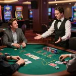 79king players place bets at a thrilling blackjack table under ambient casino lights.