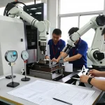 Präzisionstechnik in der Luft- und Raumfahrt in modernem CNC-Bearbeitungswerkstatt mit Technikern, hochpräzisen Komponenten und innovativer Automatisierung.