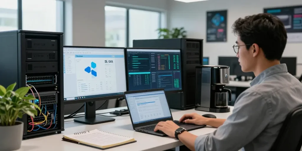 Windows Server 2025 für IT-Infrastruktur kaufen: IT-Administrator arbeitet an modernem Arbeitsplatz mit Server-Racks und Management-Tools.