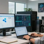 Windows Server 2025 für IT-Infrastruktur kaufen: IT-Administrator arbeitet an modernem Arbeitsplatz mit Server-Racks und Management-Tools.