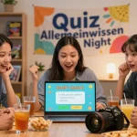 Freunde genießen eine Quiz Allgemeinwissen Nacht am Laptop mit Snacks und Drinks.