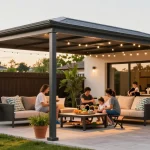 Moderne Terrassenüberdachungen in einem liebevoll gestalteten Garten während einer Familienfeier.