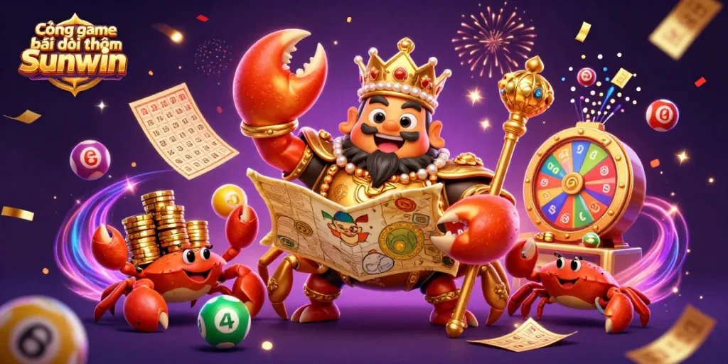 Cổng game bài đổi thưởng Sunwin showcases a vibrant 3D casino scene with a crab emperor and dynamic game elements.