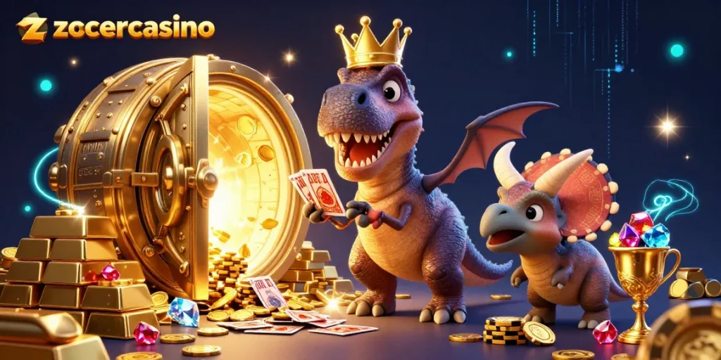 Experience zoccercasino's vibrant action with a T-Rex shuffling cards and friends amidst treasures.