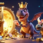 Experience zoccercasino's vibrant action with a T-Rex shuffling cards and friends amidst treasures.