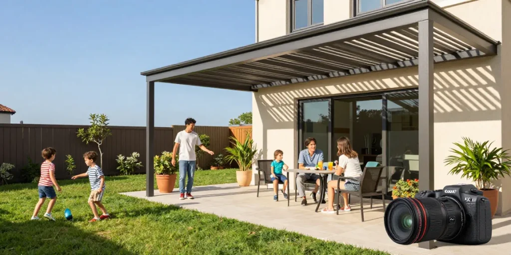 Moderne Terrassenüberdachung mit Aluminium-Pergola, Familie genießt sonnigen Tag im Freien.