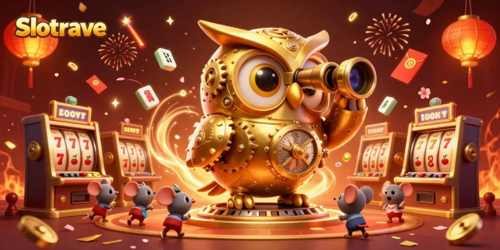 Spin and win at Slotrave, where an enchanting clockwork owl watches over lively slot machines.