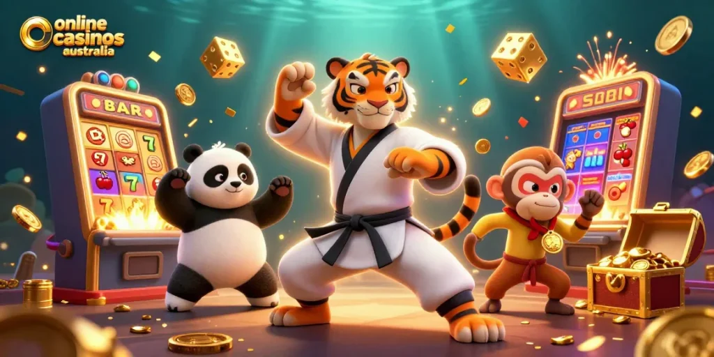 Engaging scene showcasing online casinos Australia with characters mastering luck and winning at slot machines