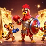 Experience the thrilling action at realz casino with a vivid illustration featuring a gladiator rooster, a tiger cub, and an eagle.