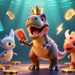 Experience the excitement at net88a with a vibrant casino scene featuring a T-Rex and friends enjoying card games.
