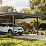 Moderner Carport mit einem Auto darunter in einem gepflegten Garten, der Familienleben und Außenaktivitäten zeigt.