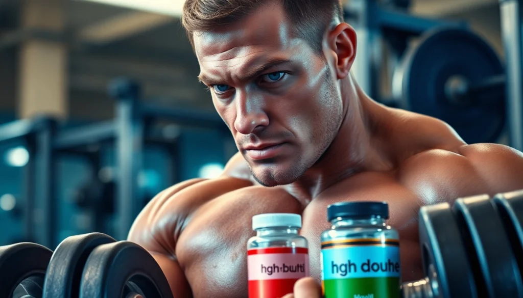 HGH kaufen für Fitnesssteigerung, beeindruckender Bodybuilder in einem modernen Fitnessstudio.