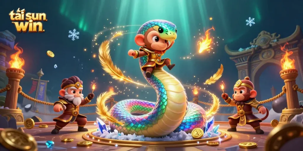 Experience excitement with tải sun win, vibrant gambling scene featuring a rainbow serpent and golden monkey king.