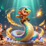 Experience excitement with tải sun win, vibrant gambling scene featuring a rainbow serpent and golden monkey king.