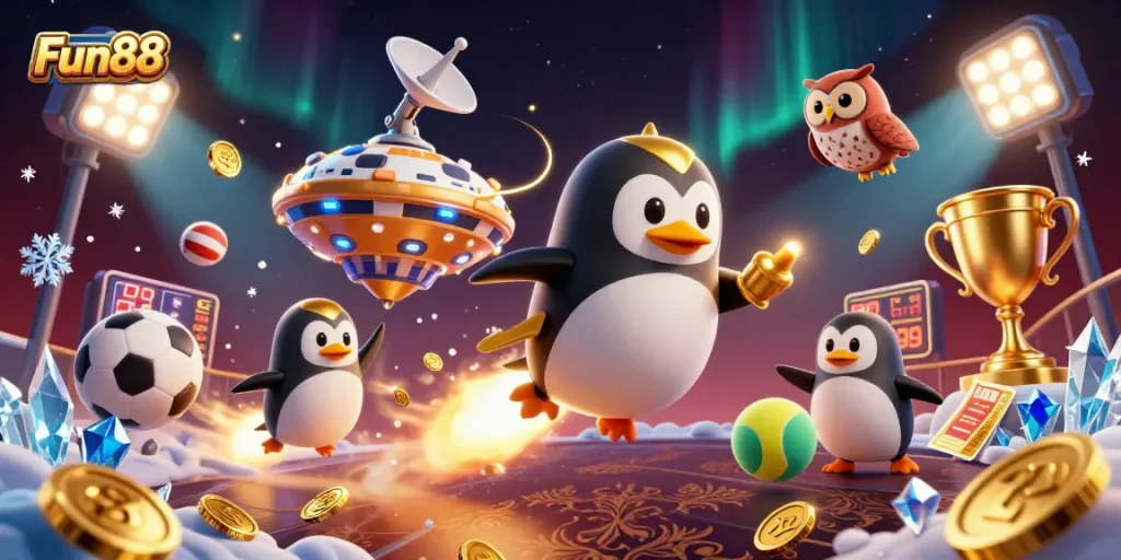 Experience the thrill of Fun88 as the golden penguin navigates through a vibrant casino space adventure.