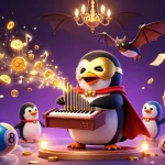 Engage in excitement with Five88uy tín as a penguin plays music amidst golden coins and vibrant game elements.