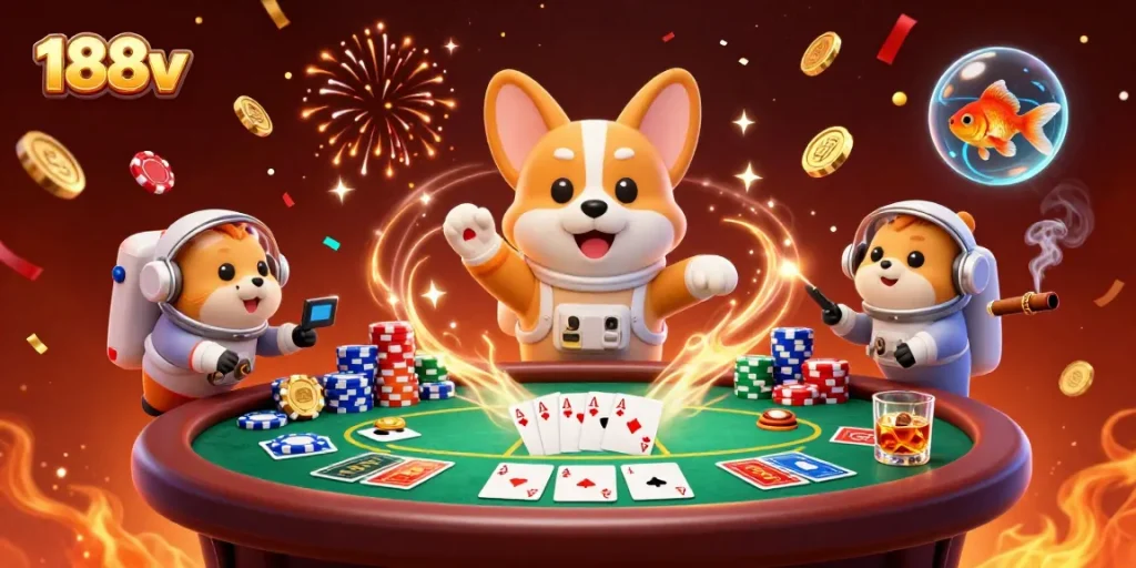 Experience thrilling gameplay and vibrant visuals in 188v's space casino scene with dynamic poker action.
