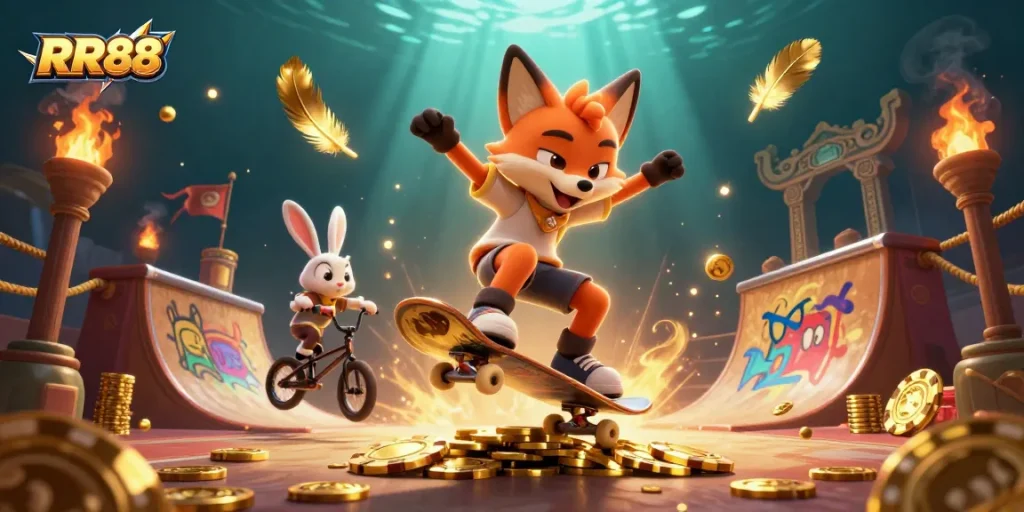 Experience thrilling action at RR88 with a skateboard fox and BMX rabbit amidst golden poker chips and casino vibes.