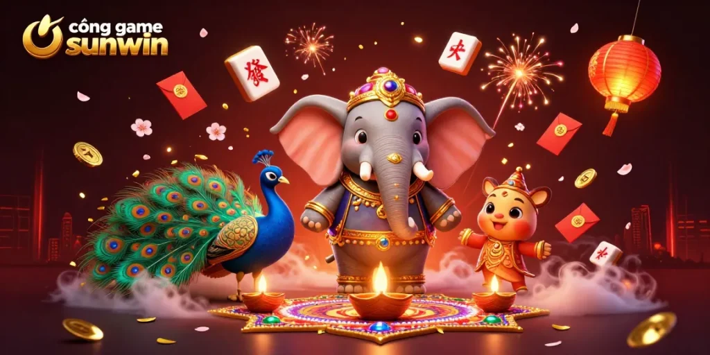 Experience dynamic gameplay at cổng game sunwin with vibrant floating symbols and lively characters.
