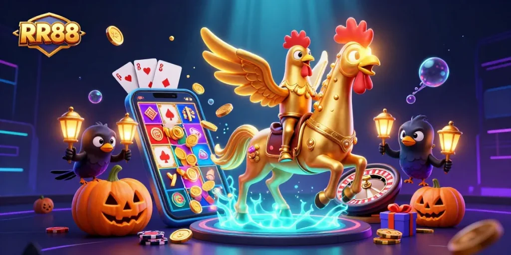 Engage in thrilling gaming experiences with RR88 amidst a vibrant midnight casino setting.